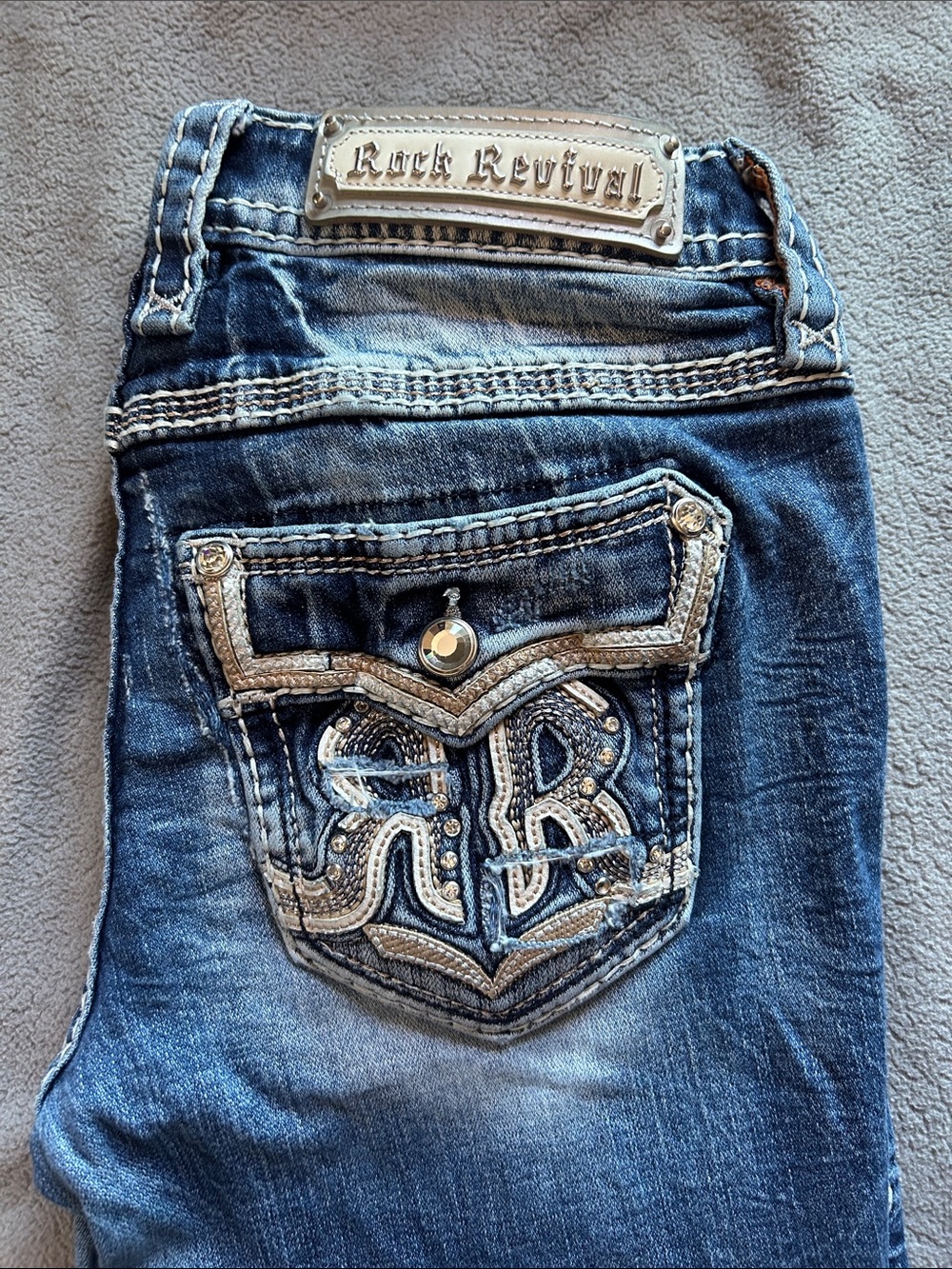Rock Revival Low Rise Distressed Washed Blue Flare Jeans